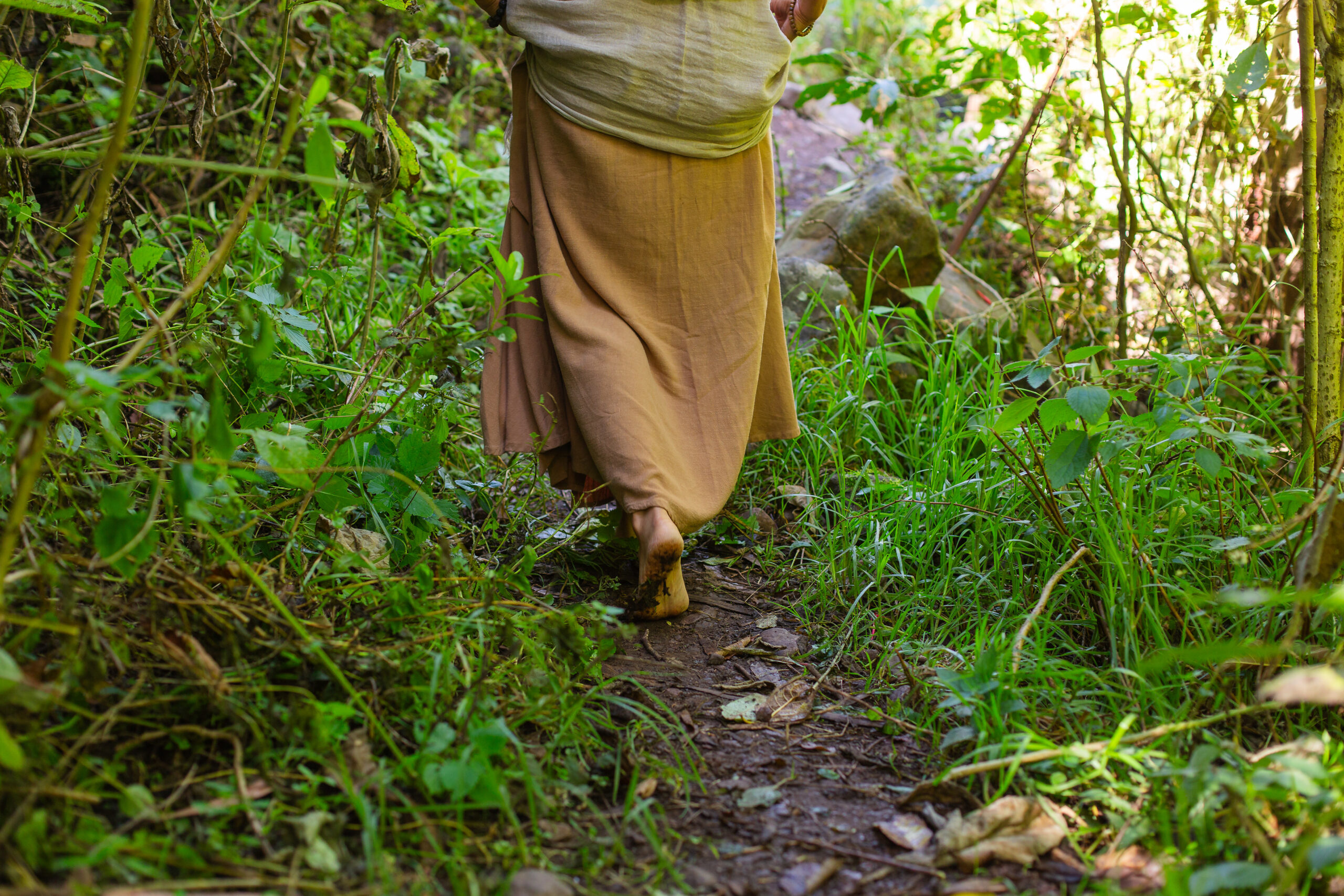 Persona caminando descalza por un sendero entre vegetación